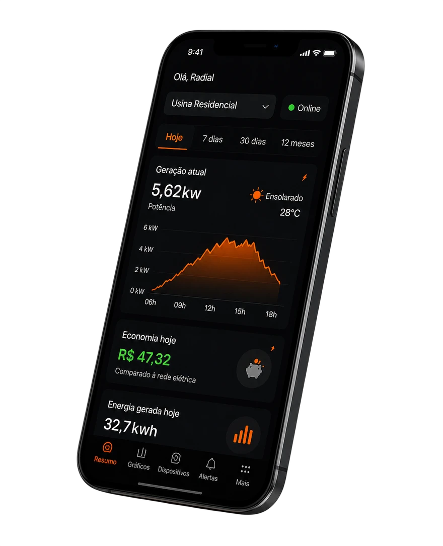 App da Radial mostrando geração em tempo real, economia do dia e energia gerada