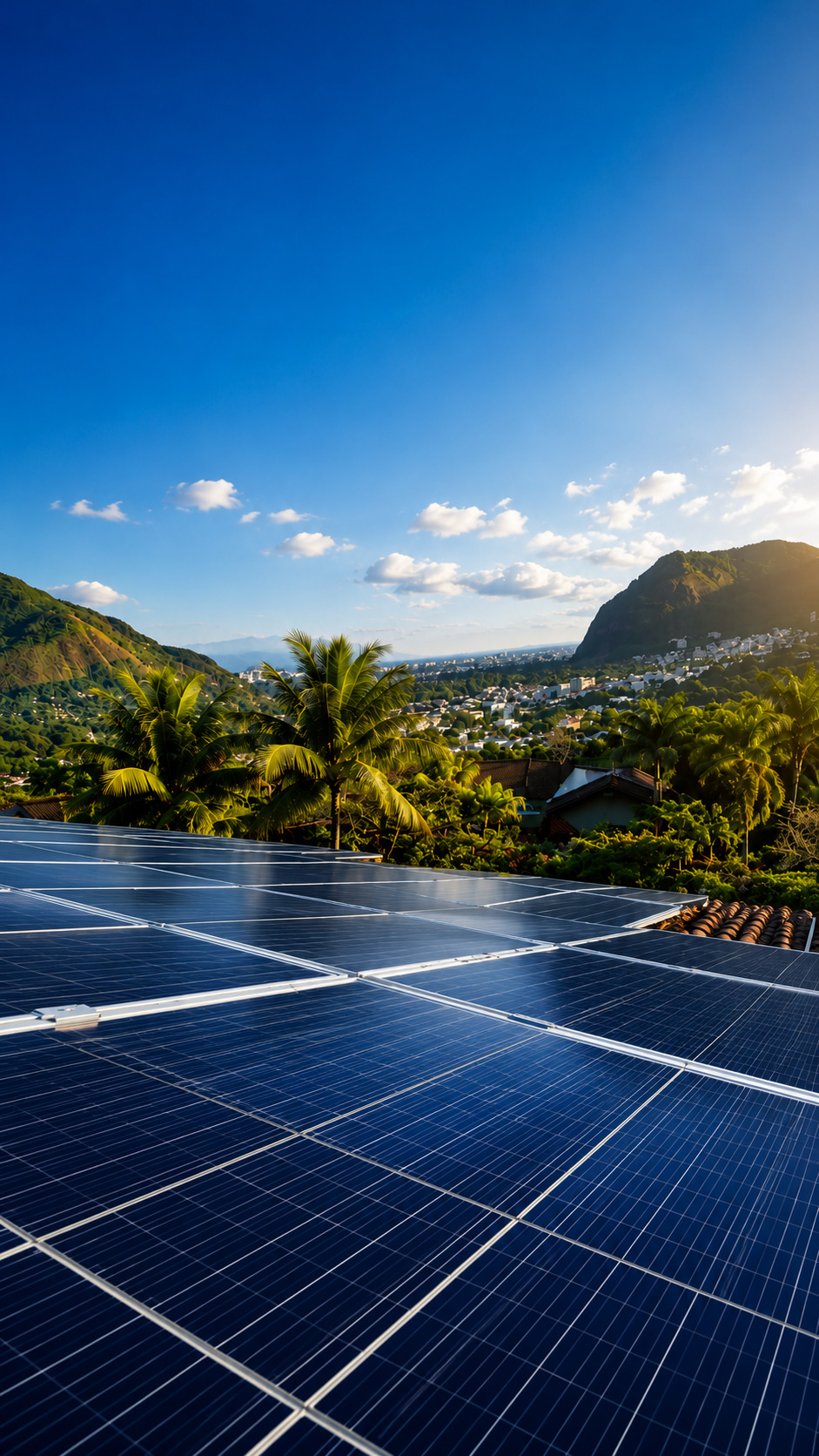 Painéis solares em telhado com paisagem do Rio de Janeiro ao fundo